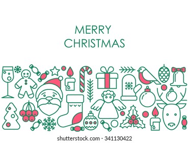 Stylized flat liner Christmas elements background. Merry Christmas or New Year postcard. 