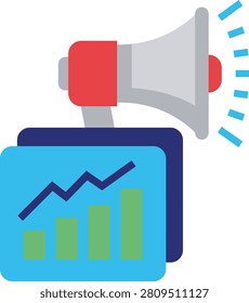 A stylized flat a red and grey megaphone positioned above a stack of blue folders. One folder a green bar chart with a blue line graph trending upwards, symbolizing financial growth and data analysis. The megaphone emits blue dashed lines, indicating sound or announcement. The overall composition is clean and modern, conveying concepts of business communication, marketing, and financial reporting. The colors are vibrant and distinct, with a white background.