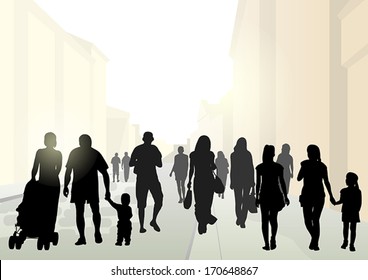 Stylized flat silhouettes of pedestrians in the street in bright sunshine