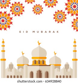 Stylized flat style Sheikh Zayed Grand Mosque on white background with traditional geometric elements. Vector Illustration. Eid Mubarak greetings.  Ramadan Kareem