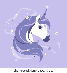 Stylized flat style unicorn. Modern pastel goth palette. Cute girly art. Vector illustration.