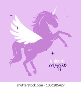 Stylized flat style unicorn. Modern pastel purple palette. Cute girly art. Vector illustration.