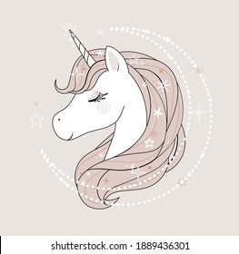 Stylized flat style unicorn. Modern palette. Cute girly art. Vector illustration.