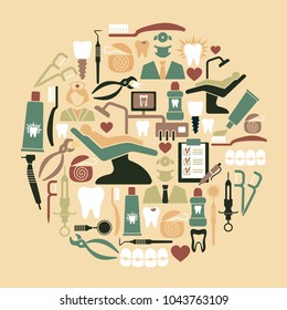 Stylized flat symbols of dentistry and dental care
