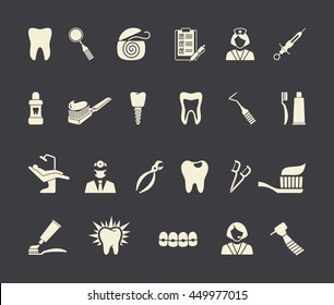 Stylized flat symbols of dentistry and dental care