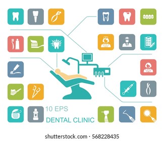 Stylized flat symbols of dentistry and dental care