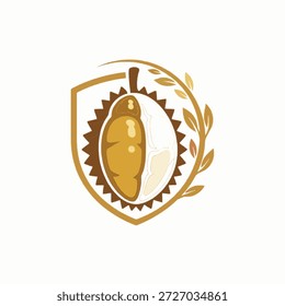 Arte vectorial plano estilizado de una fruta de durión con una rebanada eliminada para revelar la carne amarilla brillante, utilizando una paleta de colores verde y dorado moderno en blanco.