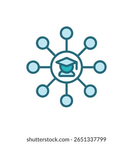 Stylized flat vector depicts an education network with radiating connections. Features a mortarboard within a central node against a black backdrop.