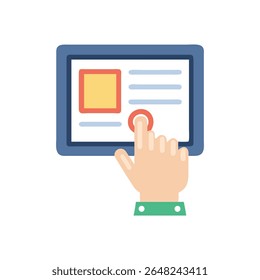 Um vetor plano estilizado representa uma mão interagindo com a interface touchscreen digital. Visual moderno e simples.