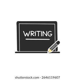 Stylized flat vector drawing of a chalkboard with the word writing, beside a pencil.