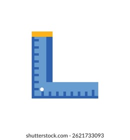Stylized flat vector featuring a blue try square with ruler markings, isolated over a black backdrop.