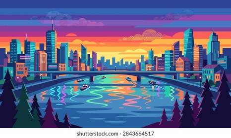 A stylized flat vector graphic depicting a bustling urban cityscape during twilight. The scene features various skyscrapers and office buildings along a riverbank. A central bridge spans the water where several small boats are cruising, casting colorful reflections. In the foreground, silhouettes of evergreen trees frame the view. The sky is filled with horizontal bands of purple, blue, orange, and yellow, representing a sunset or sunrise.