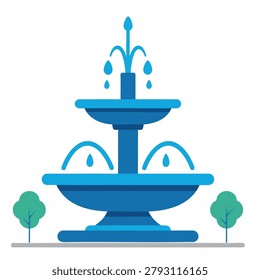 A stylized flat vector graphic featuring a blue tiered water fountain surrounded by small minimalist green trees on a simple grey ground line.