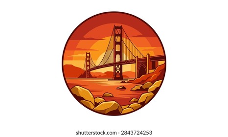 A stylized flat vector graphic featuring a suspension bridge silhouette encased in a circular frame. The scene depicts a golden hour sunset with a vibrant palette of orange, red, and yellow. Large rocks line the foreground by the calm water, and the bridge stretches across the bay under a glowing sun and layered clouds.