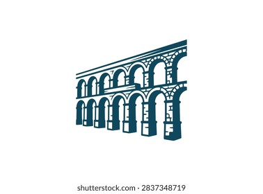 A stylized flat vector graphic of an old stone Roman aqueduct with multiple arches isolated on a white background.