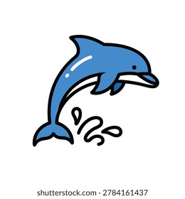 A stylized flat vector graphic of a playful blue dolphin leaping with water splashes against a white background