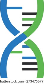 A stylized, flat vector icon of a blue and green DNA double helix, symbolizing genetics, biology, and the building blocks of life.