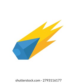 A stylized flat vector icon of a blue space rock or meteorite falling through the atmosphere with a vibrant yellow fiery tail isolated on a white background.