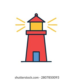 A stylized flat vector icon of a lighthouse featuring a red structure with a blue door and a yellow lantern room emitting light beams on a white background