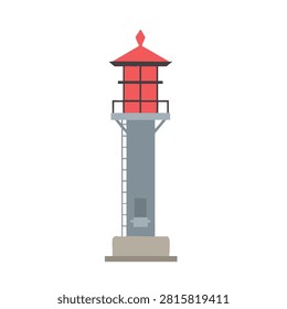 A stylized flat vector icon of a lighthouse featuring a grey tower, a red roof, and a prominent ladder against a white background