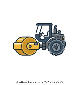 A stylized flat vector icon of a yellow and grey road roller construction machine used for compacting soil and asphalt.