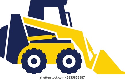 A stylized flat vector icon of a yellow and blue skid steer loader construction vehicle on a white background.