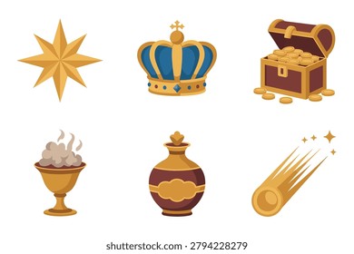 Stylized flat vector icons for Christmas and wisemen, featuring guiding star, crown, treasure chest, and comet symbols.