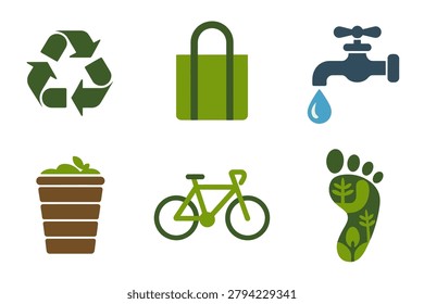 Stylized flat vector icons for eco-lifestyle, featuring recycling symbol, green bag, water tap, footprint, bicycle transport, and trash container.