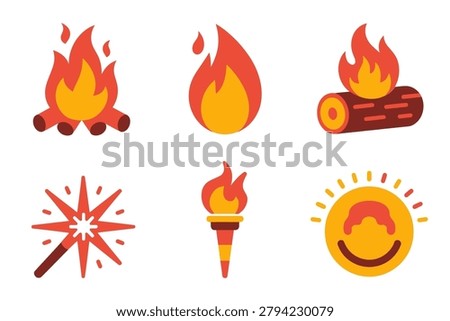 Stylized flat vector icons for fire and heat, featuring burning campfire, wood log, bright torch, fireworks, and decorative sunburst light symbol.