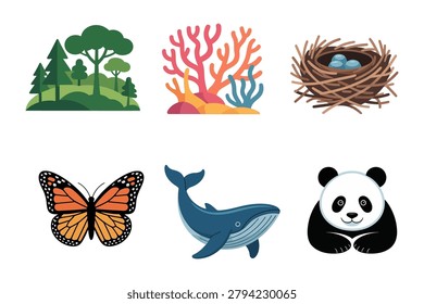 Stylized flat vector icons for wildlife and nature, showing giant panda, blue whale, butterfly, bird nest, and colorful underwater coral reef.