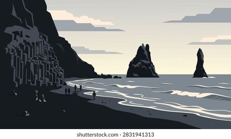 A stylized flat vector illustration of the black sand beach in Iceland with basalt columns, sea stacks, and people walking along the shore.
