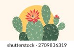 Stylized flat vector illustration of a blooming prickly pear cactus with a large red flower set against a simple yellow sun on a light background.