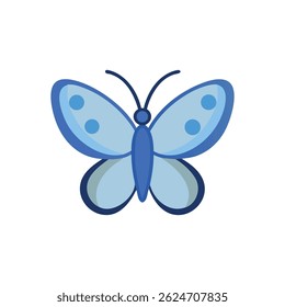 A stylized flat vector illustration of a blue butterfly with wing markings against a solid White Background.