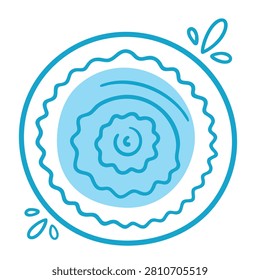 A stylized flat vector illustration of blue water ripples or a splash in a circular frame with small droplet accents.