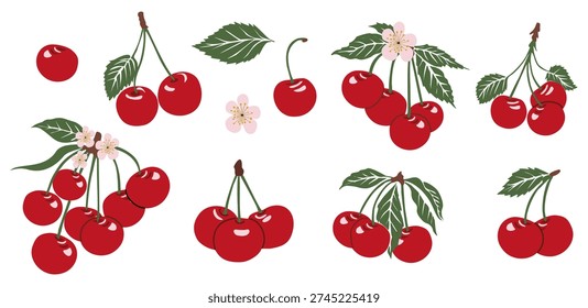 Stylized flat vector illustration of cherries, cherry blossoms, and green leaves in various clusters on a white background, creating a decorative and cheerful pattern.
