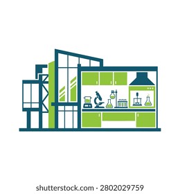 A stylized flat vector illustration of a contemporary science laboratory building featuring a microscope beakers and chemical research equipment inside a green and blue structure