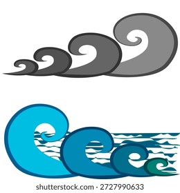 Ilustración vectorial plana estilizada de olas oceánicas onduladas con crestas de espuma blanca y remolinos tormentosos grises.