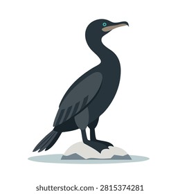 A stylized flat vector illustration of a dark feathered cormorant bird standing on a small rocky outcrop isolated on a white background