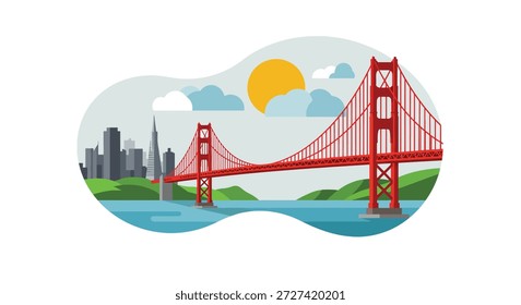 Uma ilustração vetorial plana estilizada que representa a icônica ponte vermelha Golden Gate, com o horizonte de São Francisco, colinas verdes, água azul e um sol brilhante ao fundo.