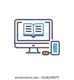 Uma ilustração de vetor plano estilizado representa um monitor exibindo um livro, com um smartphone ao lado. O estilo é minimalista e moderno.