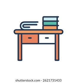Stylized flat vector illustration of a desk with books and drawers. Simple bold lines and geometric shapes create a tidy feel.