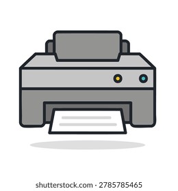 A stylized flat vector illustration of a digital office printer with a document being printed