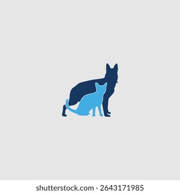 Stylized flat vector illustration featuring silhouettes of dog and cat companionship
