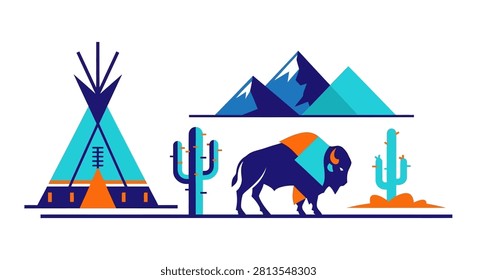 A stylized flat vector illustration featuring a buffalo silhouette mountains a teepee and cactus plants in a modern artistic design