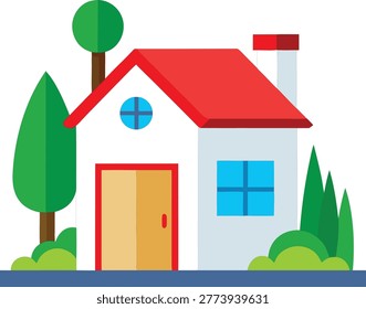 A stylized, flat vector illustration of a house with a red roof, yellow door, and surrounding greenery.