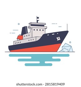 A stylized flat vector illustration of an industrial icebreaker vessel sailing through water with icebergs nearby
