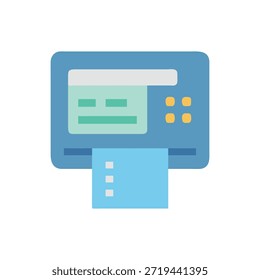 Stilisierte, flache Vektorgrafik einer Informationskiosk-Maschine mit einem hellblauen Farbschema und einfachen UI-Elementen.