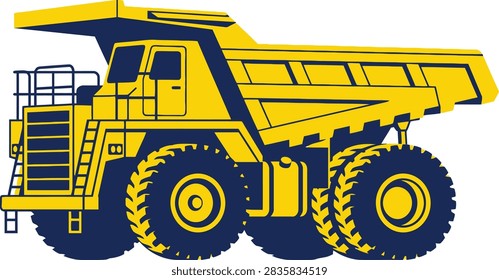 A stylized flat vector illustration of a large yellow mining dump truck isolated on a white background.