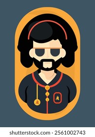 Stylized flat vector illustration of a man with a modern, bold design. Featuring geometric shapes, vibrant colors, and unique accessories, this artwork is ideal for branding, character design, digital