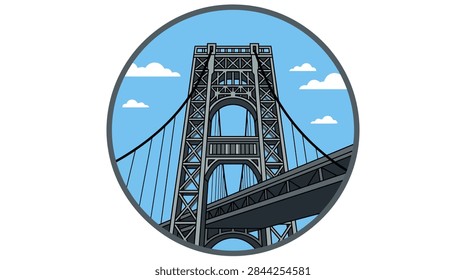A stylized flat vector illustration of a massive steel suspension bridge. The artwork is contained within a dark gray circular border. The composition shows a low-angle perspective looking up at a bridge tower with visible cross-bracing and a multi-level roadway. The background is a bright blue sky with simple, puffy white clouds.